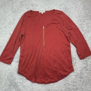 Green Envelope Top Womens Medium Blouse Zipper V-Neck 3/4 Length Sleeve Office